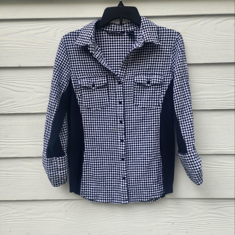 L Black and White Houndstooth Button-Up Shirt WITH SIDE STRETCH